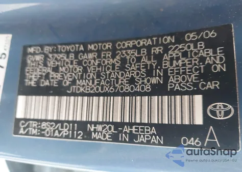 2006 Toyota Prius z USA, uszkodzony, nr VIN JTDKB20UX67080408